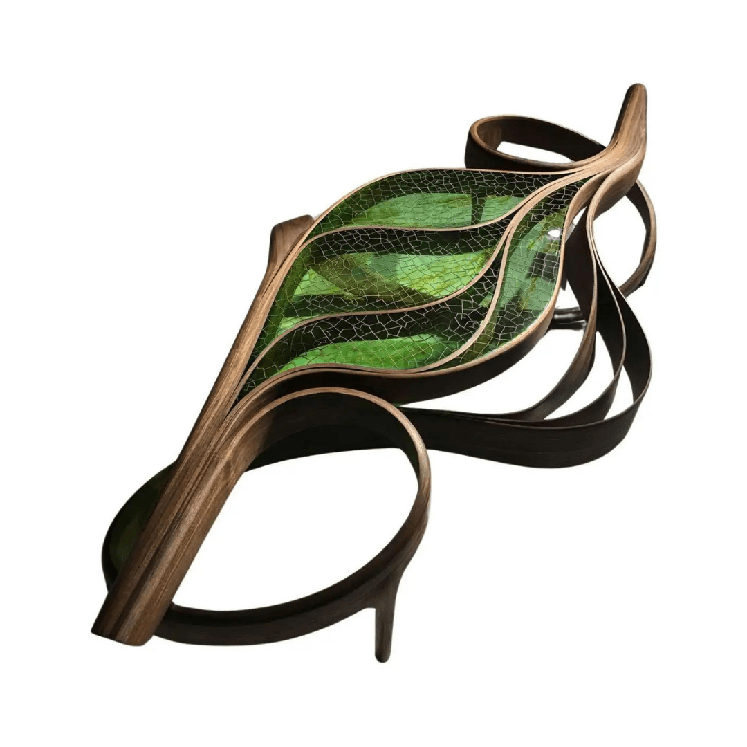 Handcrafted Leaf Carved Epoxy Coffee Table | Natural Solid Wood Centerpiece | Unique Artisan Coffee Table for Living Room - Brown - Green