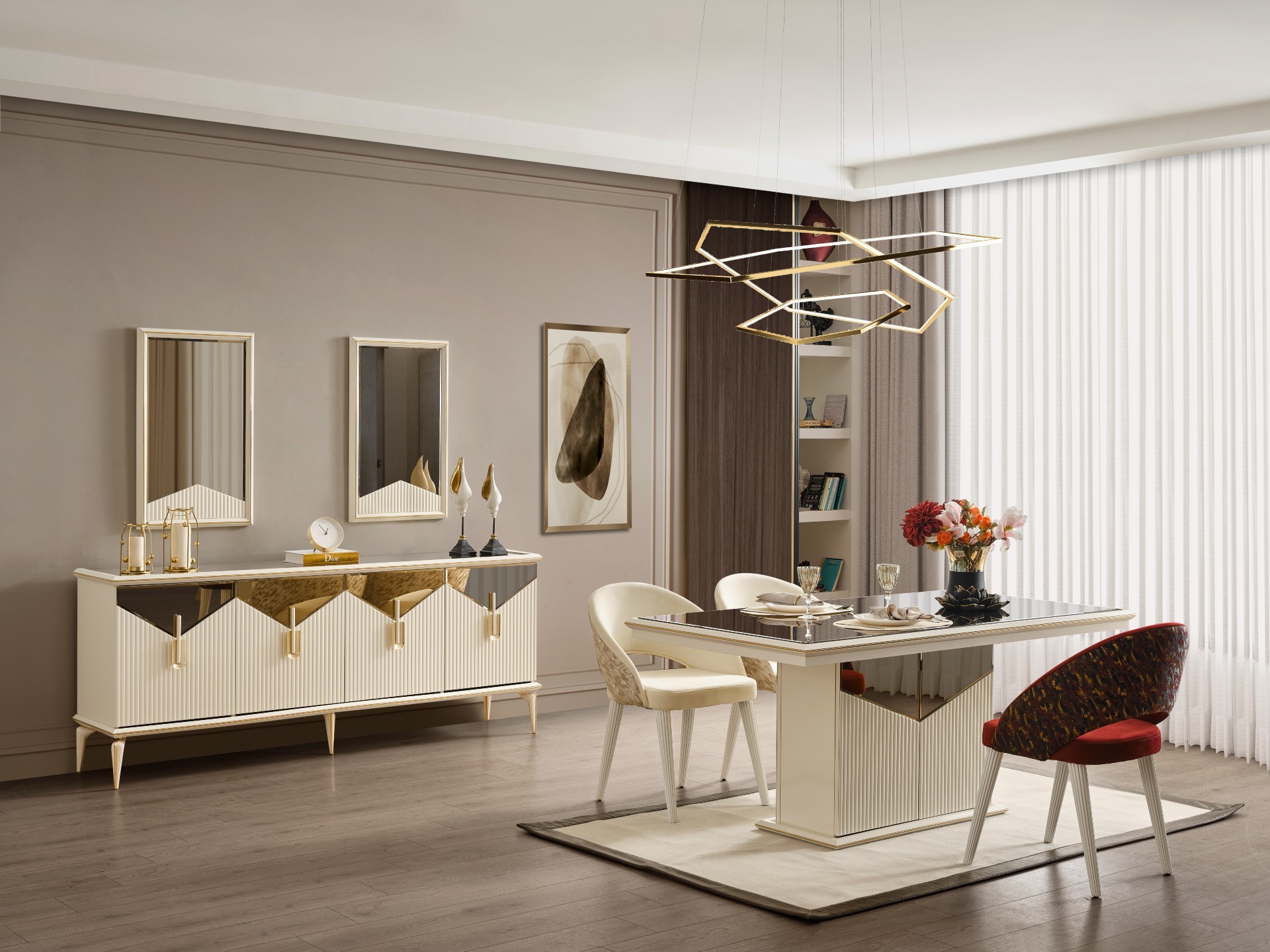 Side Yemek Odası - InNature Home - Beyaz, Gold Detaylı