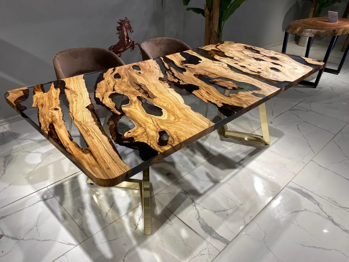 Clear Epoxy Olive Wood River Table – Custom Live Edge Dining or Office Desk | Handcrafted Natural Wood Furniture | INNATURE