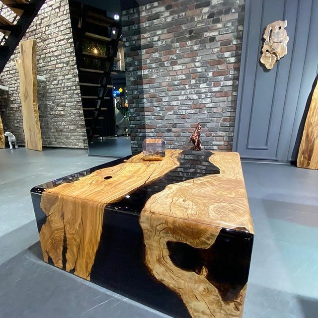 Custom Olive Wood Resin Coffee Table – Live Edge Waterfall Design | INNATURE Home