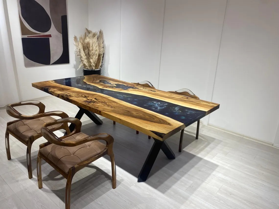  Custom Live Edge Dining Desk with Deep Space Resin Design | Black Epoxy Walnut River Table| Handcrafted Solid Wood Furniture | INNATURE