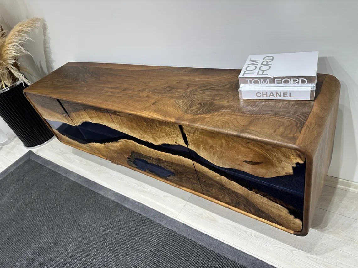 Blue Epoxy Walnut Console – Handmade Rustic TV Unit & Sideboard | Custom Solid Wood Buffet Cabinet | INNATURE