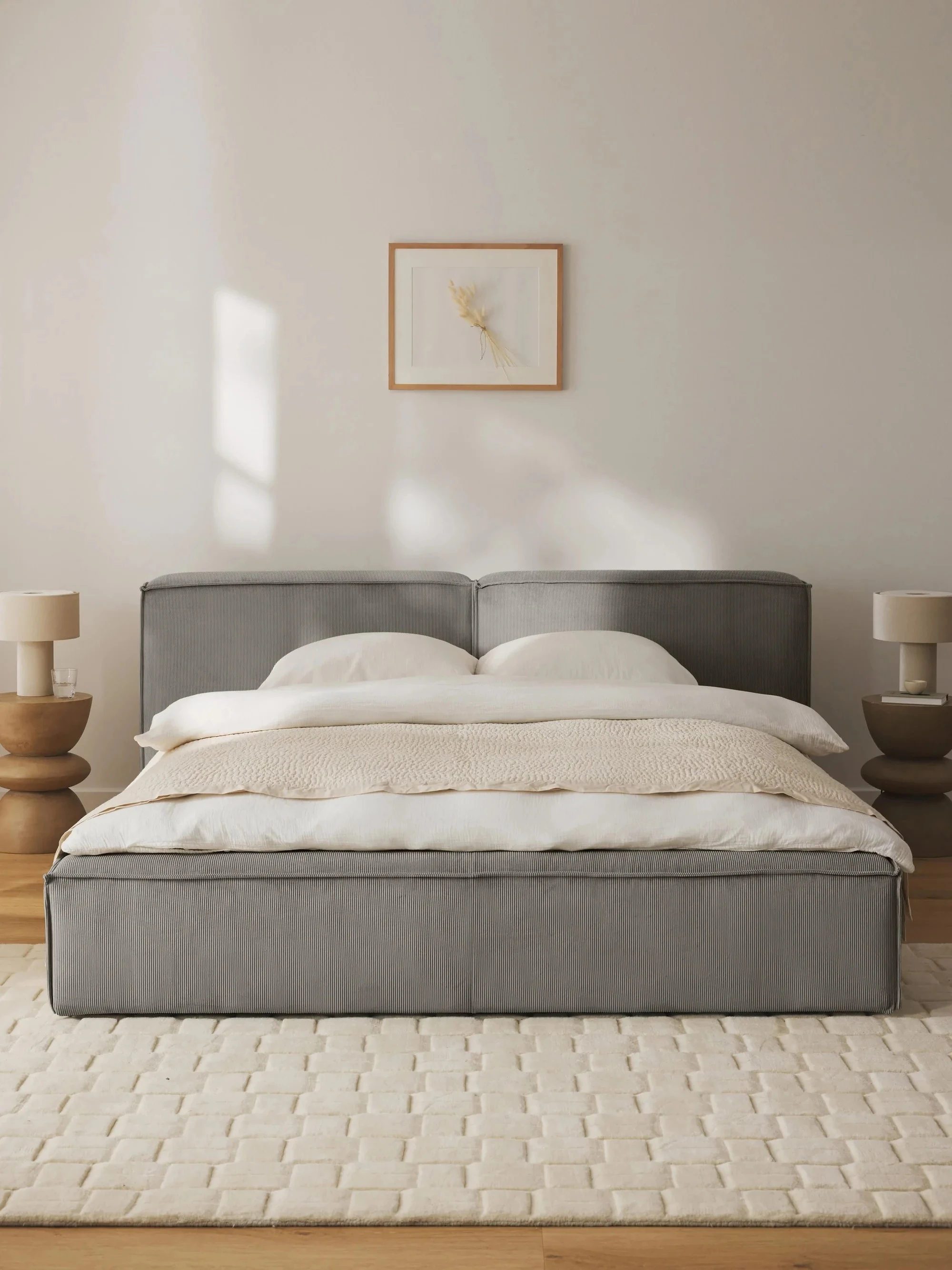 Soft Çift Kişilik Döşemeli Karyola | InNature Home - Gri, Fitilli Kadife