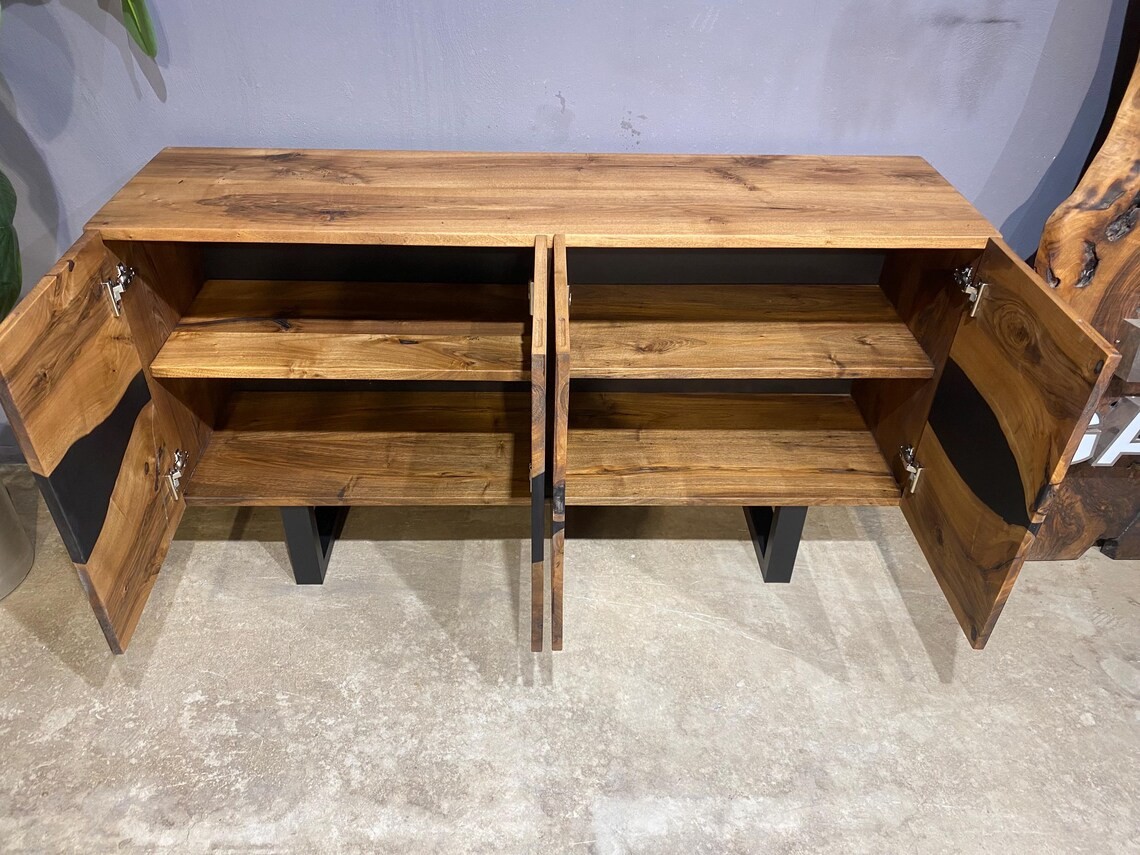 Black Epoxy Walnut Console – Handmade Rustic TV Unit & Buffet Cabinet | Custom Solid Wood Sideboard | INNATURE 