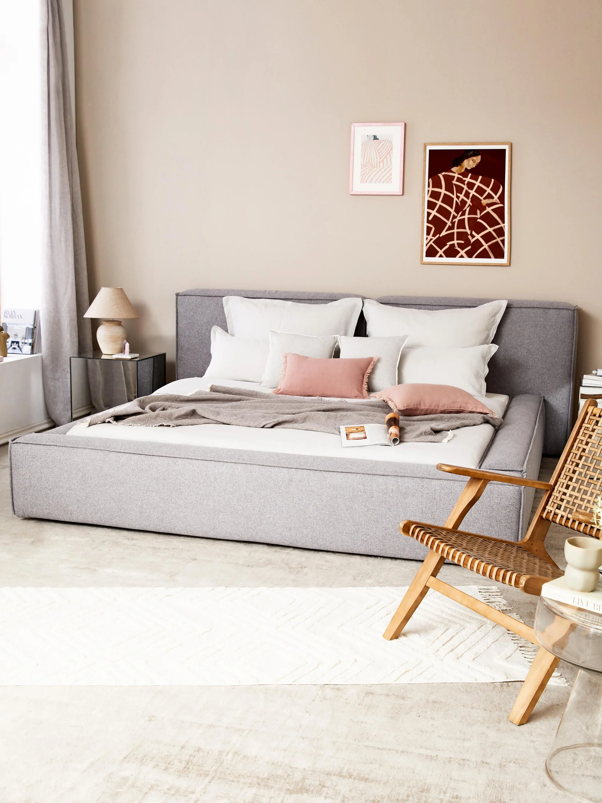 Soft Çift Kişilik Döşemeli Karyola | InNature Home - Gri, Keten