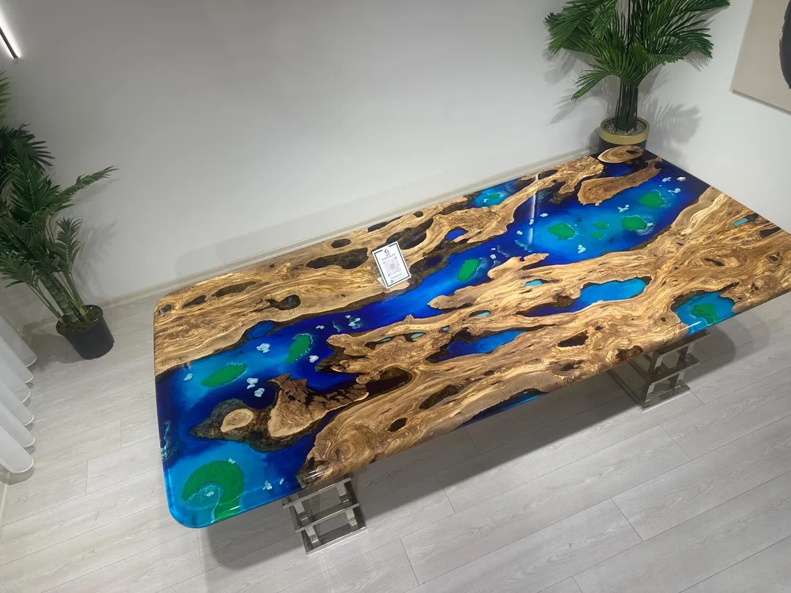 Specific Custom Ocean Epoxy Resin Table, Uniqe Olive Wood Dining Table, Epoxy Dining Table, Live Edge Dining Table, Resin Epoxy Art Table - INNATURE HOME