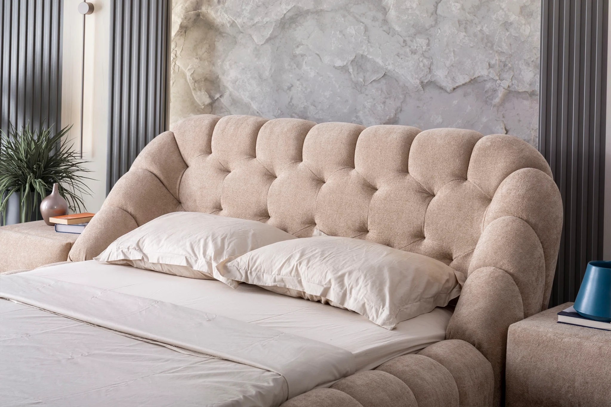 Tayla Upholstered Bed in Teddy Bouclé Fabric | INNATURE
