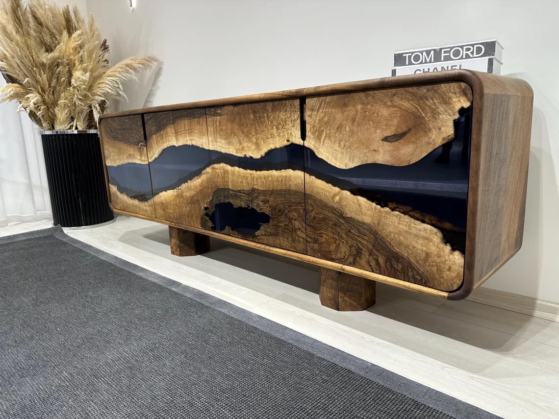 Blue Epoxy Walnut Console – Handmade Rustic TV Unit & Sideboard | Custom Solid Wood Buffet Cabinet | INNATURE