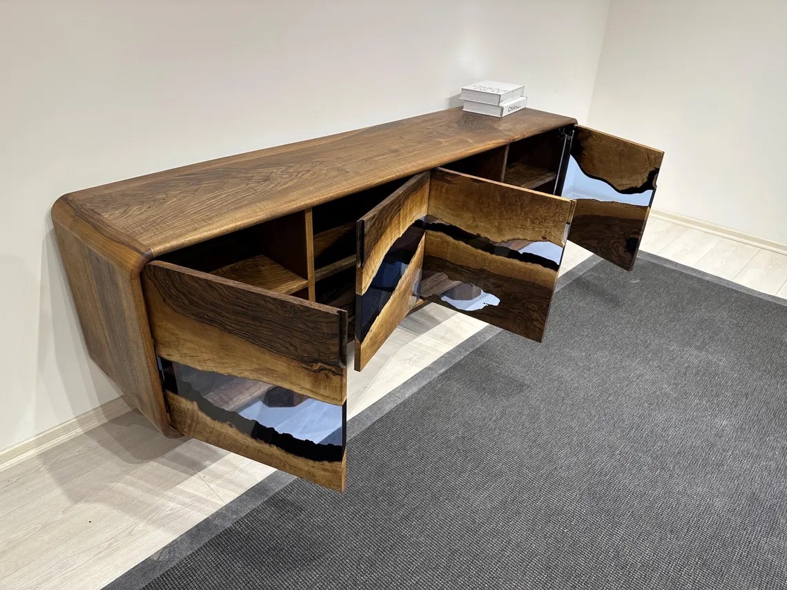 Blue Epoxy Walnut Console – Handmade Rustic TV Unit & Sideboard | Custom Solid Wood Buffet Cabinet | INNATURE