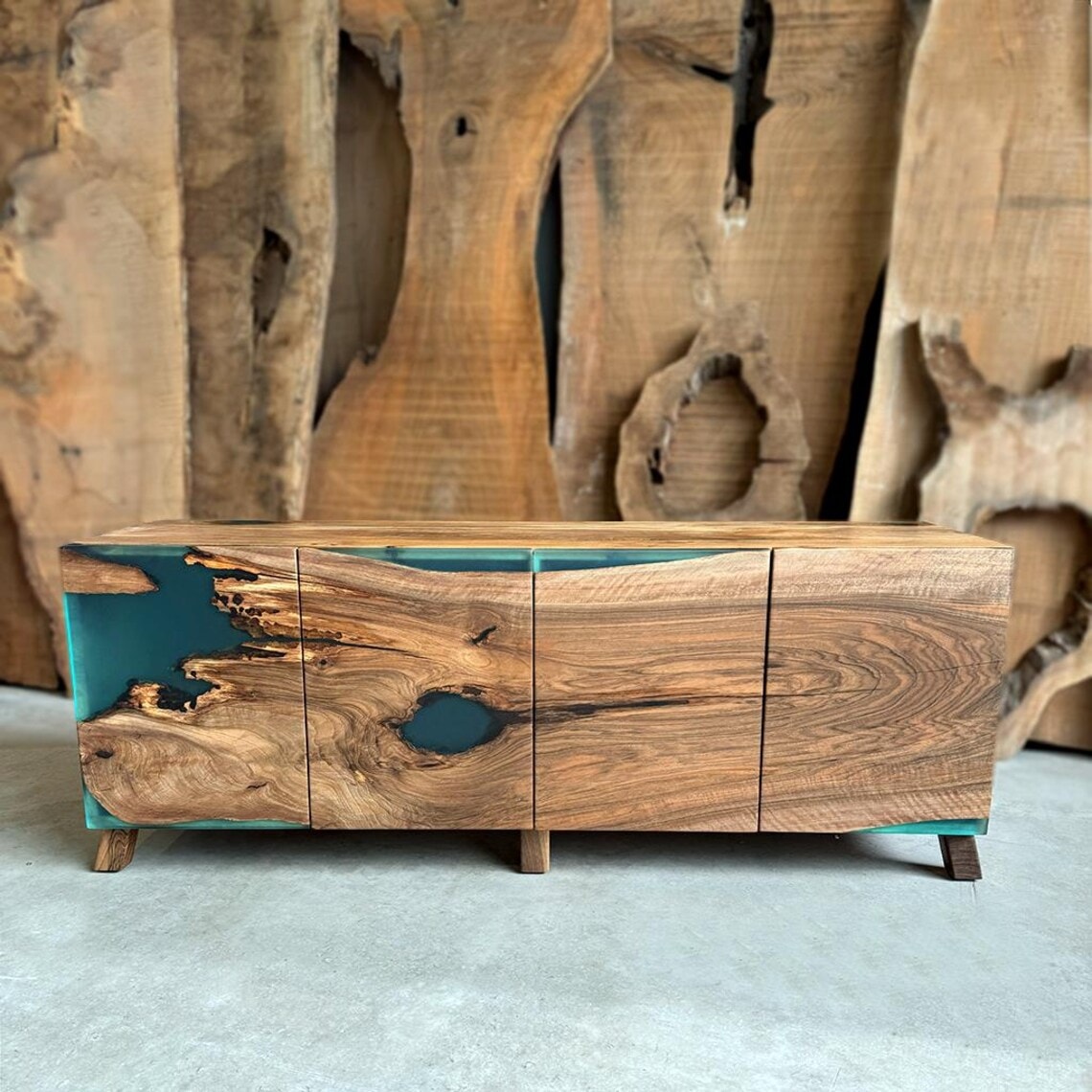 Walnut Epoxy Console | Ocean Epoxy Walnut Sideboard  Artisan Buffet Cabinet | Handcrafted Wood Design | InNature Home