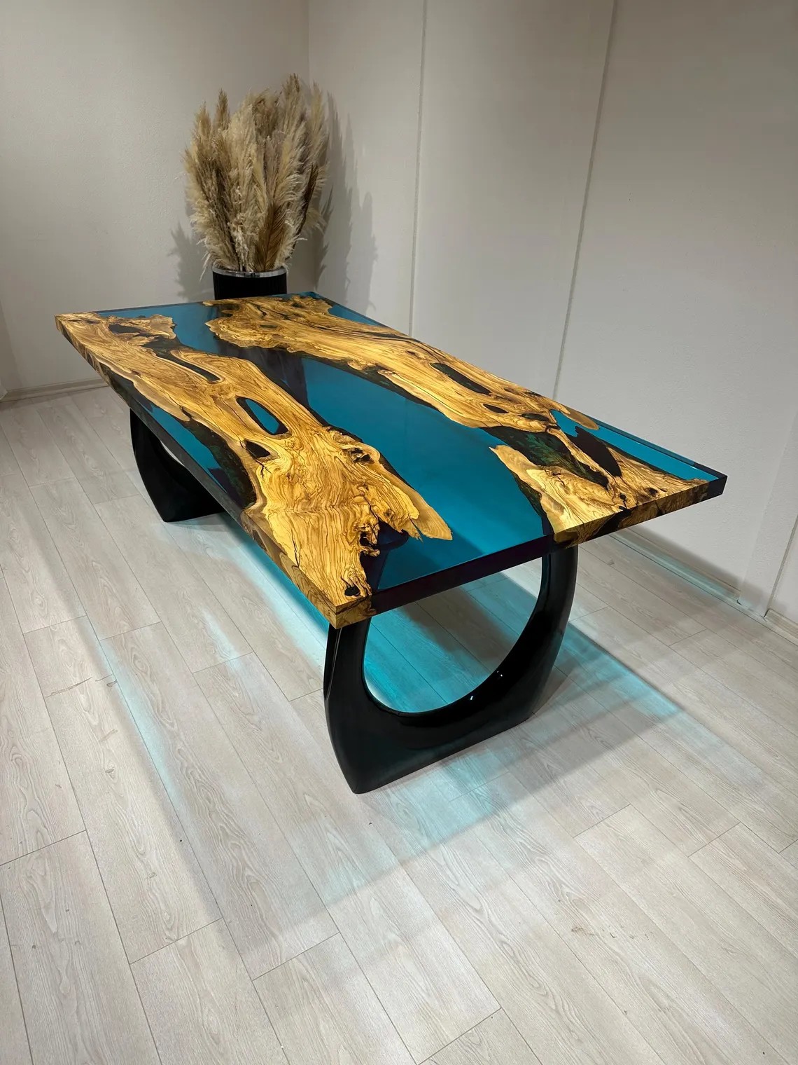 Ocean Blue Epoxy Olive Wood Table – Custom Live Edge Resin Dining or Conference Desk | Handcrafted Nature-Inspired Design | Resin Epoxy Table | INNATURE 