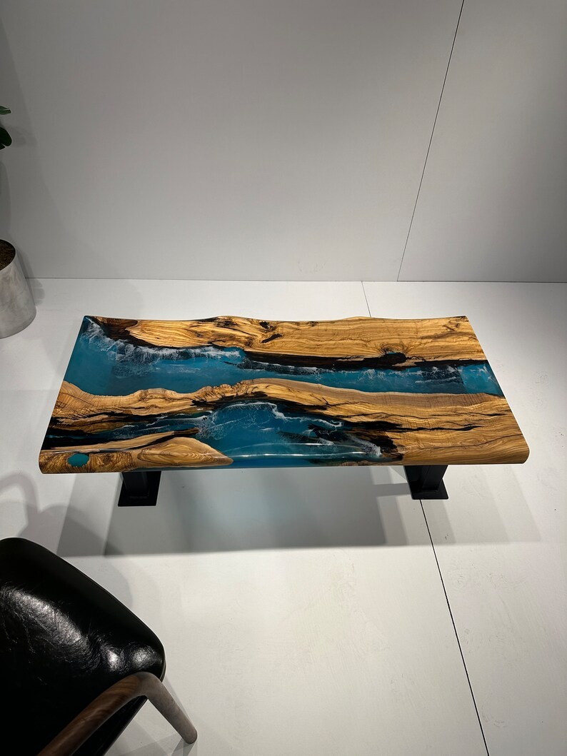 Handcrafted Olive Wood Blue Epoxy Coffee Table | Natural Design | Free Shipping | INNATURE - Ocean Epoxy