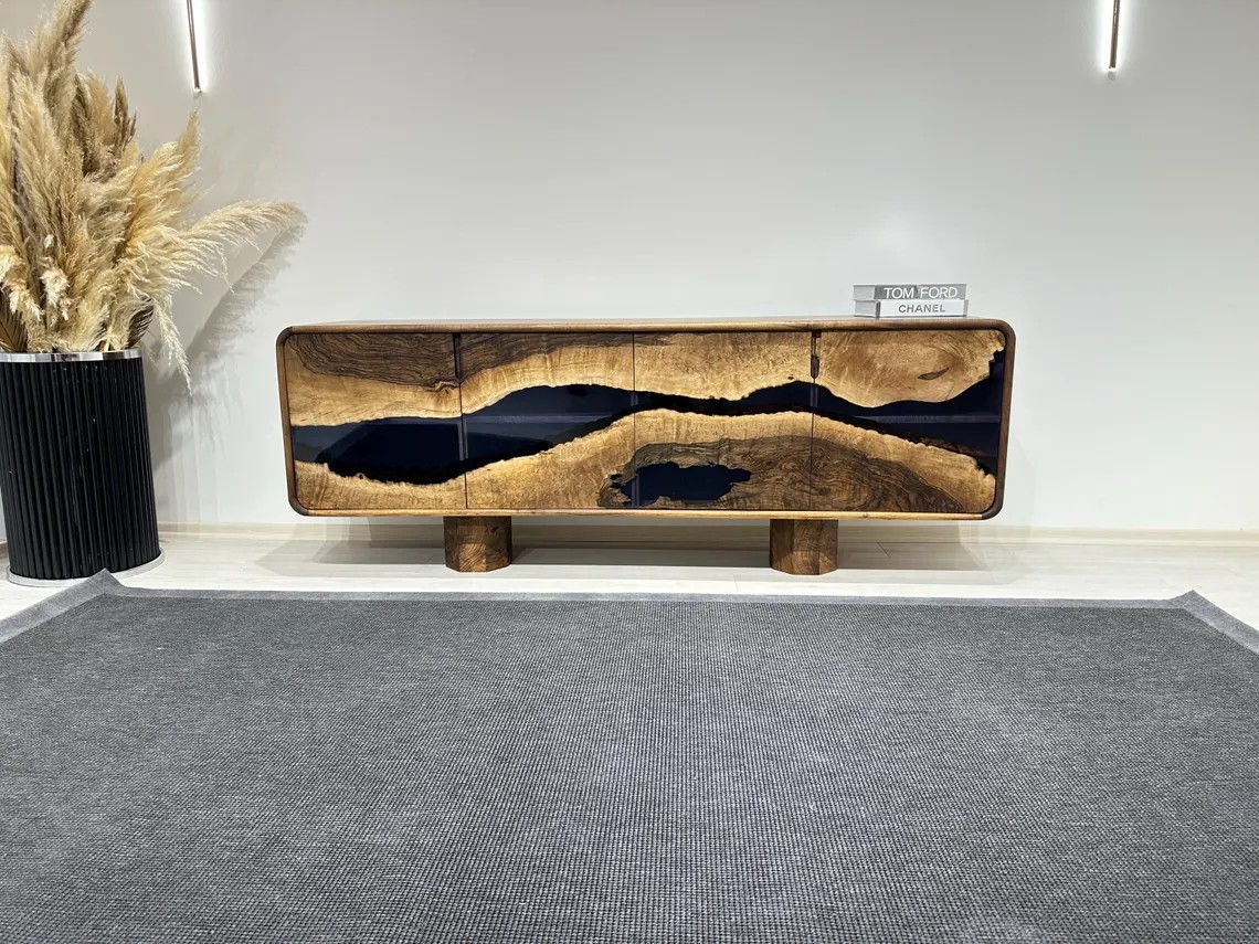 Blue Epoxy Walnut Console – Handmade Rustic TV Unit & Sideboard | Custom Solid Wood Buffet Cabinet | INNATURE