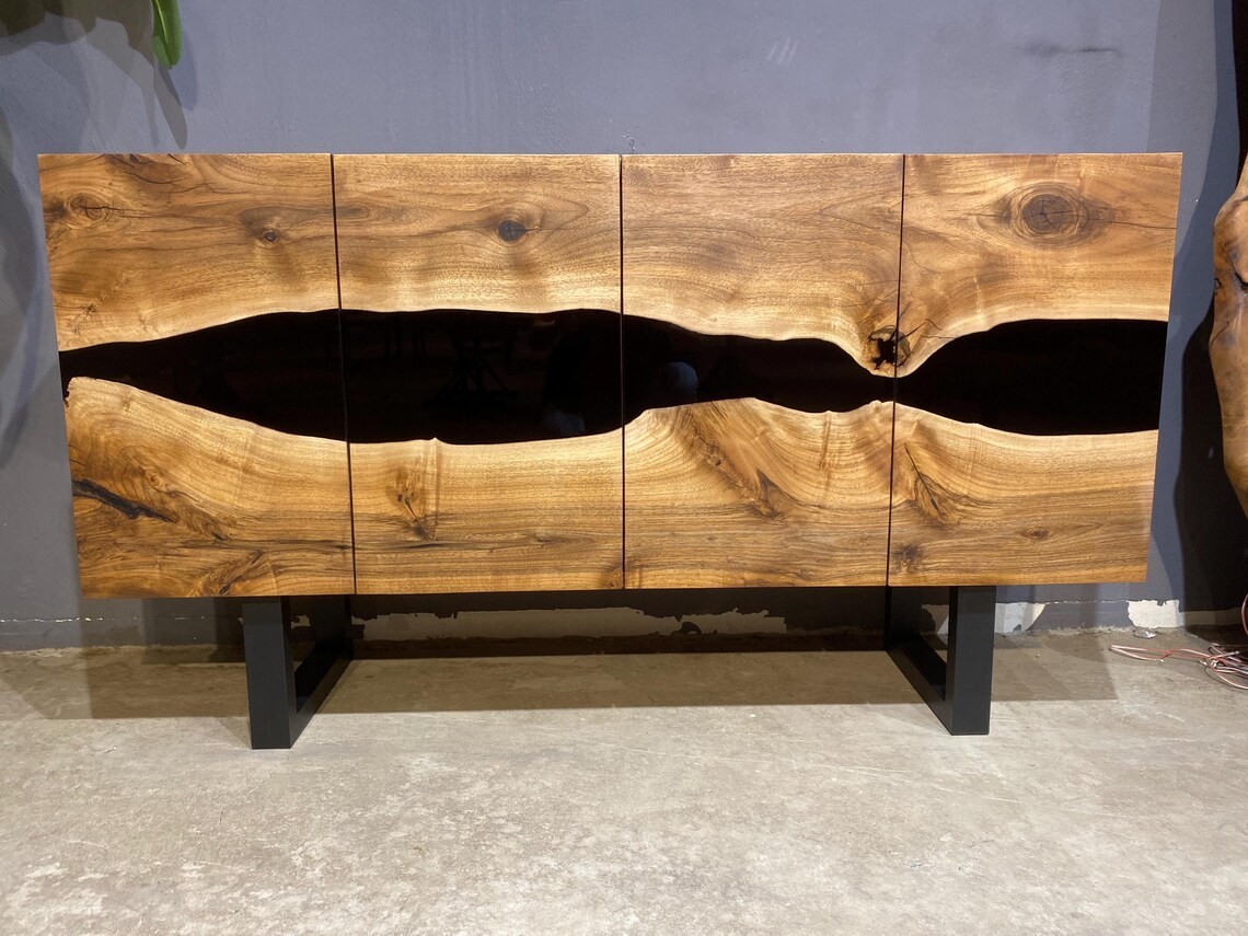 Black Epoxy Walnut Console – Handmade Rustic TV Unit & Buffet Cabinet | Custom Solid Wood Sideboard | INNATURE 
