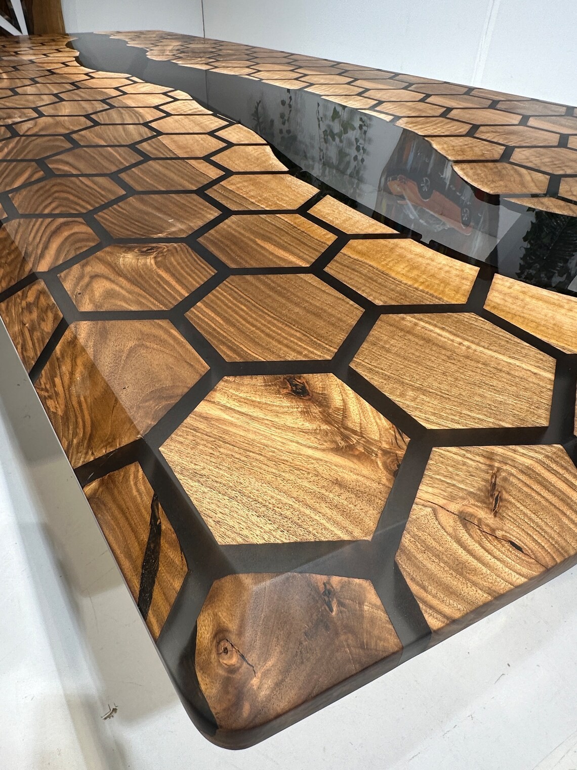 Custom Hexagon Resin Dining Table, Black Epoxy Wooden Meeting Table, Walnut Farmhouse Table