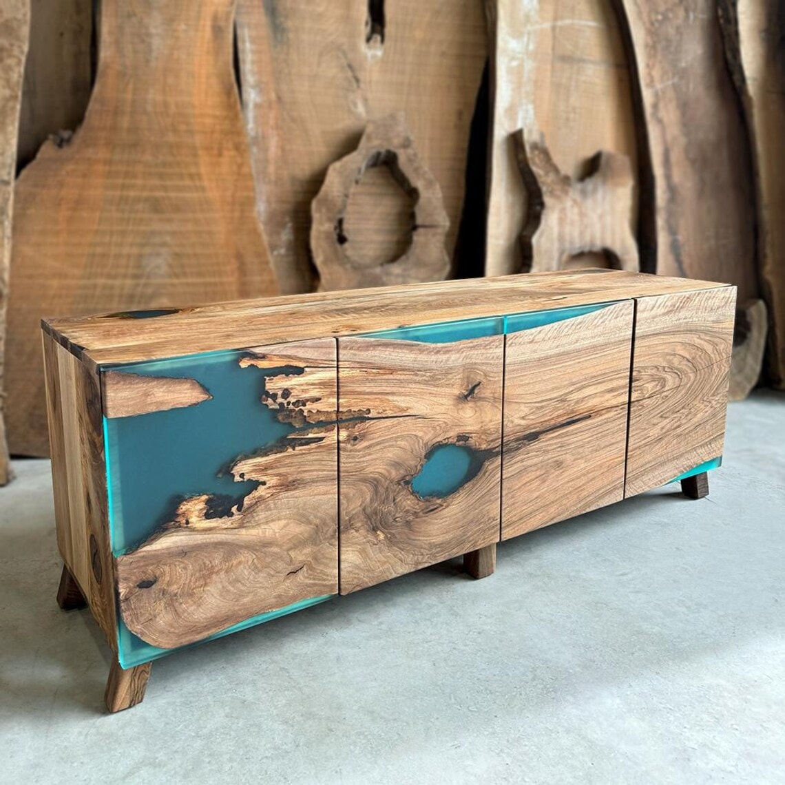 Walnut Epoxy Console | Ocean Epoxy Walnut Sideboard  Artisan Buffet Cabinet | Handcrafted Wood Design | InNature Home