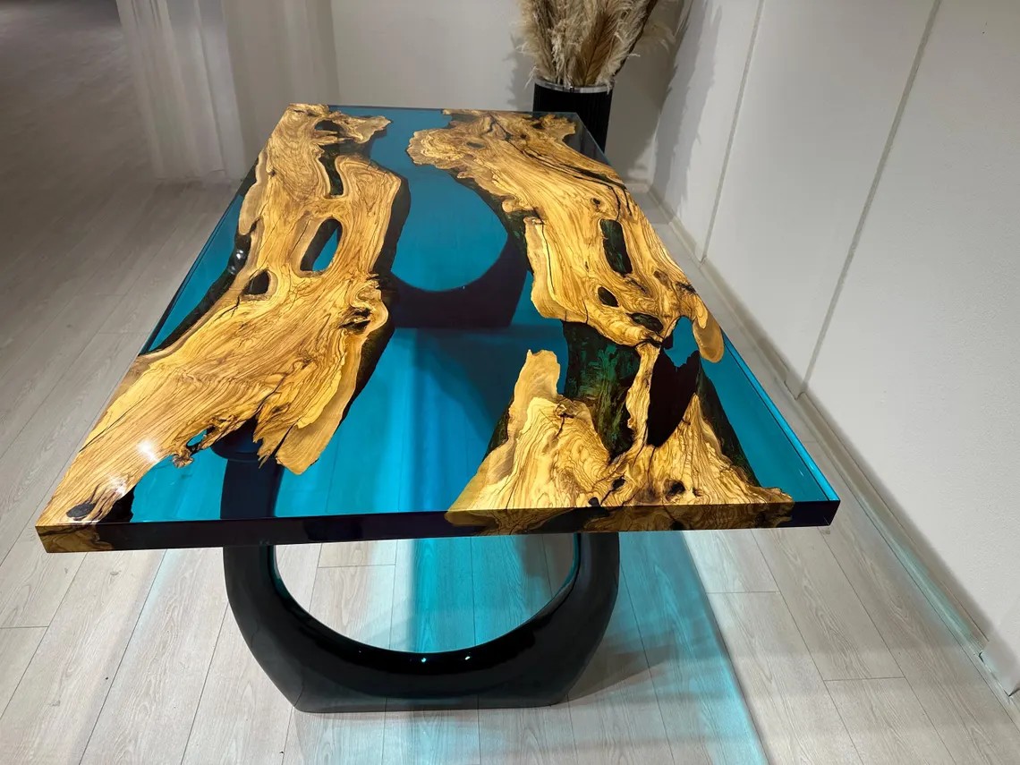 Ocean Blue Epoxy Olive Wood Table – Custom Live Edge Resin Dining or Conference Desk | Handcrafted Nature-Inspired Design | Resin Epoxy Table | INNATURE 
