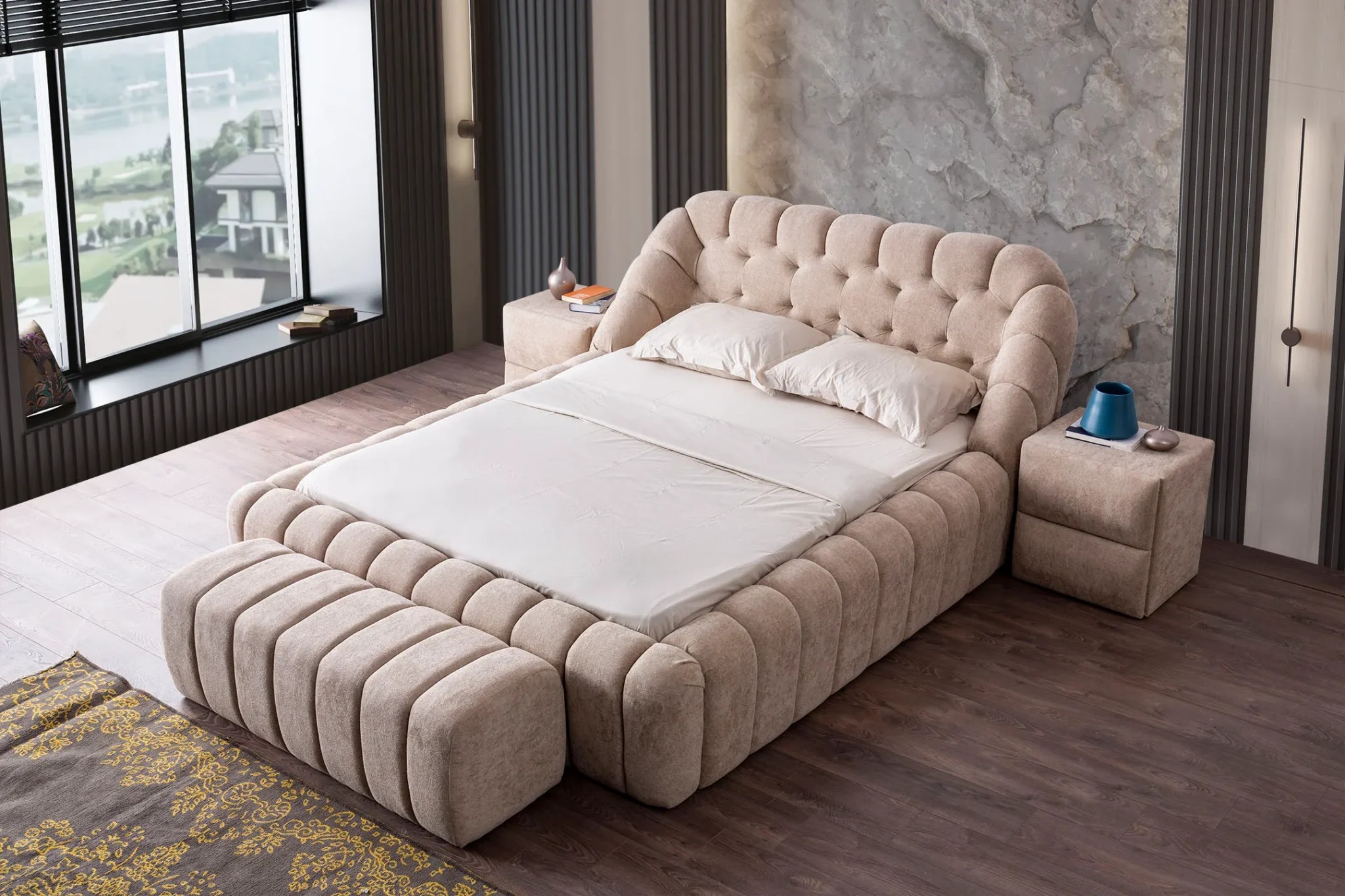 Tayla Upholstered Bed in Teddy Bouclé Fabric | INNATURE