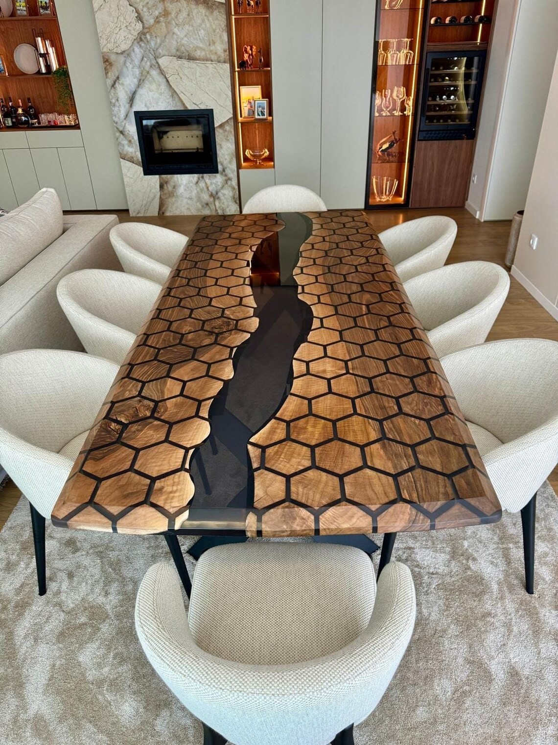 Custom Hexagon Resin Dining Table, Black Epoxy Wooden Meeting Table, Walnut Farmhouse Table