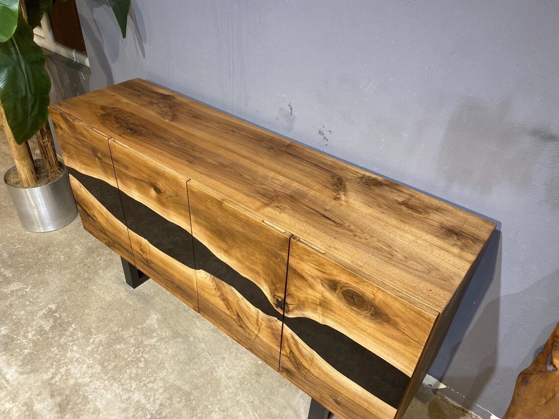 Black Epoxy Walnut Console – Handmade Rustic TV Unit & Buffet Cabinet | Custom Solid Wood Sideboard | INNATURE 