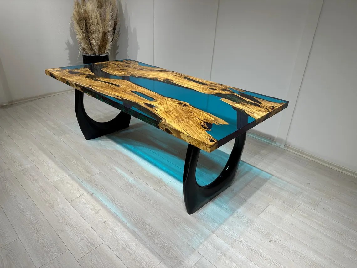Ocean Blue Epoxy Olive Wood Table – Custom Live Edge Resin Dining or Conference Desk | Handcrafted Nature-Inspired Design | Resin Epoxy Table | INNATURE 