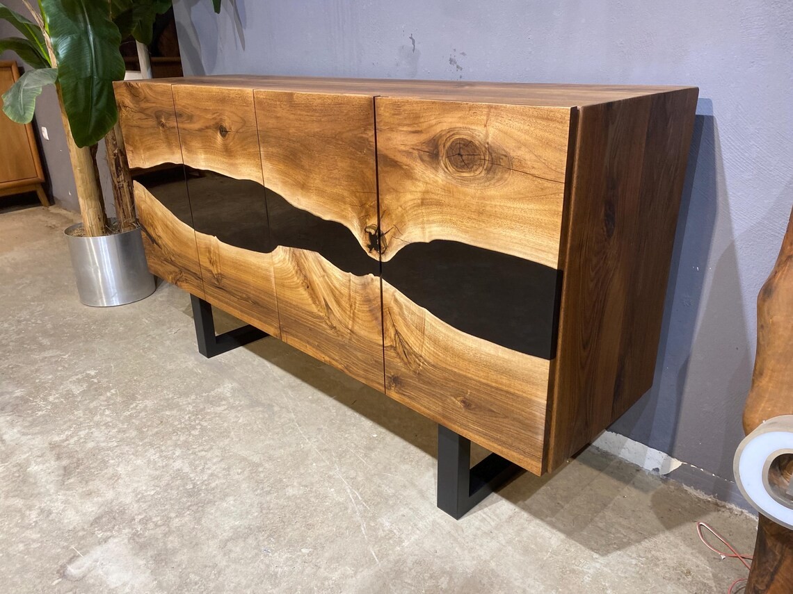 Black Epoxy Walnut Console – Handmade Rustic TV Unit & Buffet Cabinet | Custom Solid Wood Sideboard | INNATURE 