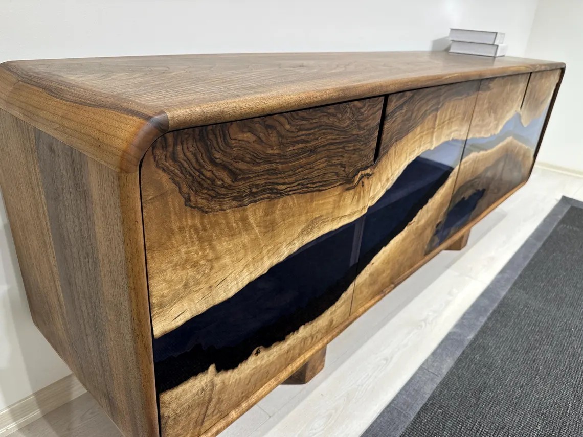 Blue Epoxy Walnut Console – Handmade Rustic TV Unit & Sideboard | Custom Solid Wood Buffet Cabinet | INNATURE