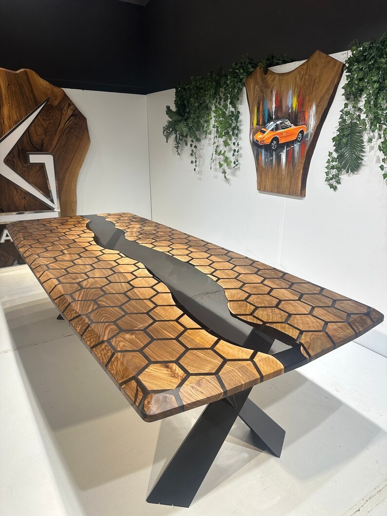 Custom Hexagon Resin Dining Table, Black Epoxy Wooden Meeting Table, Walnut Farmhouse Table