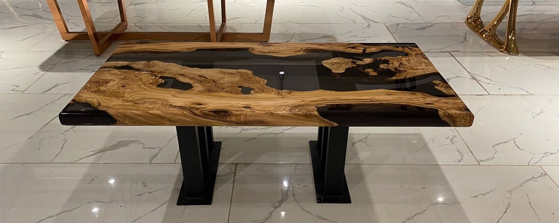 Handcrafted Olive Wood Blue Epoxy Coffee Table | Natural Design | Free Shipping | INNATURE - Smoked Epoxy