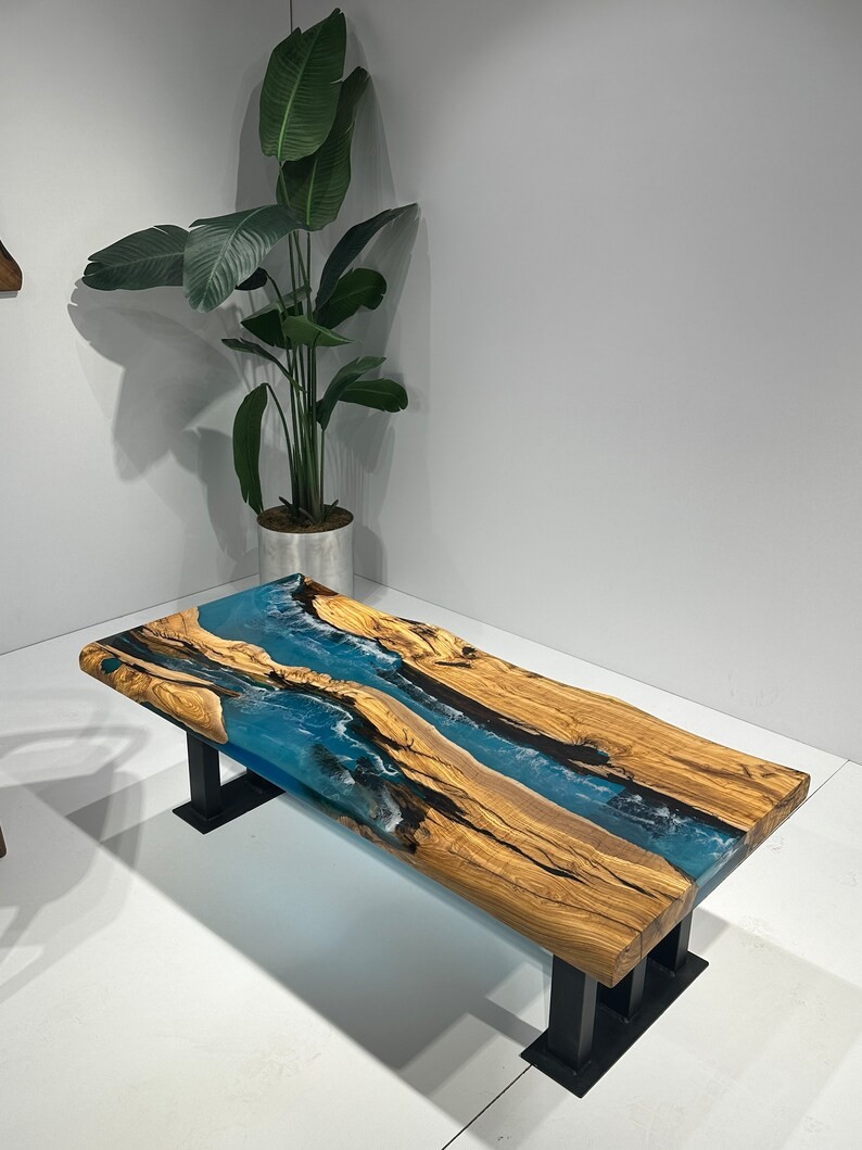 Handcrafted Olive Wood Blue Epoxy Coffee Table | Natural Design | Free Shipping | INNATURE - Ocean Epoxy