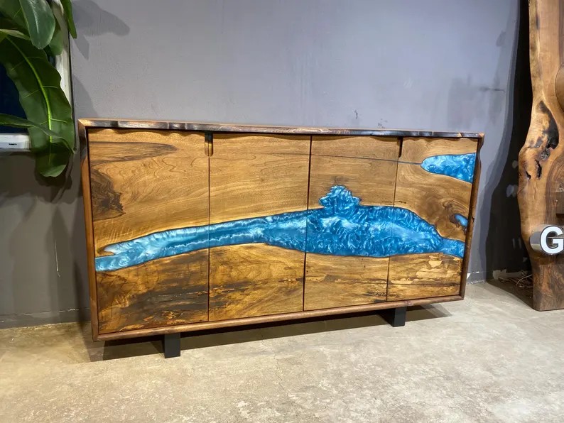 Walnut Epoxy TV Console | Handmade Rustic Sideboard Cabinet | Blue Epoxy Resin TV Unit | Custom Walnut Buffet & Media Stand | INNATURE