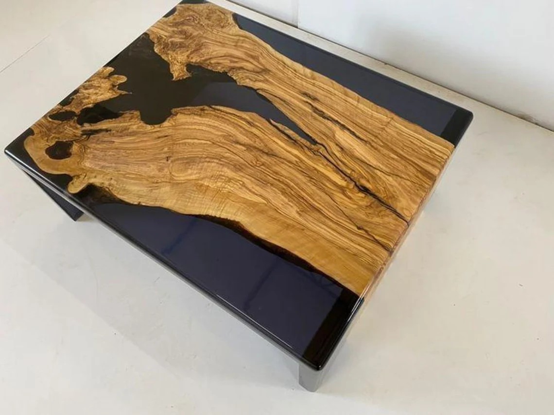 Custom Olive Wood Resin Coffee Table – Live Edge Waterfall Design | INNATURE Home