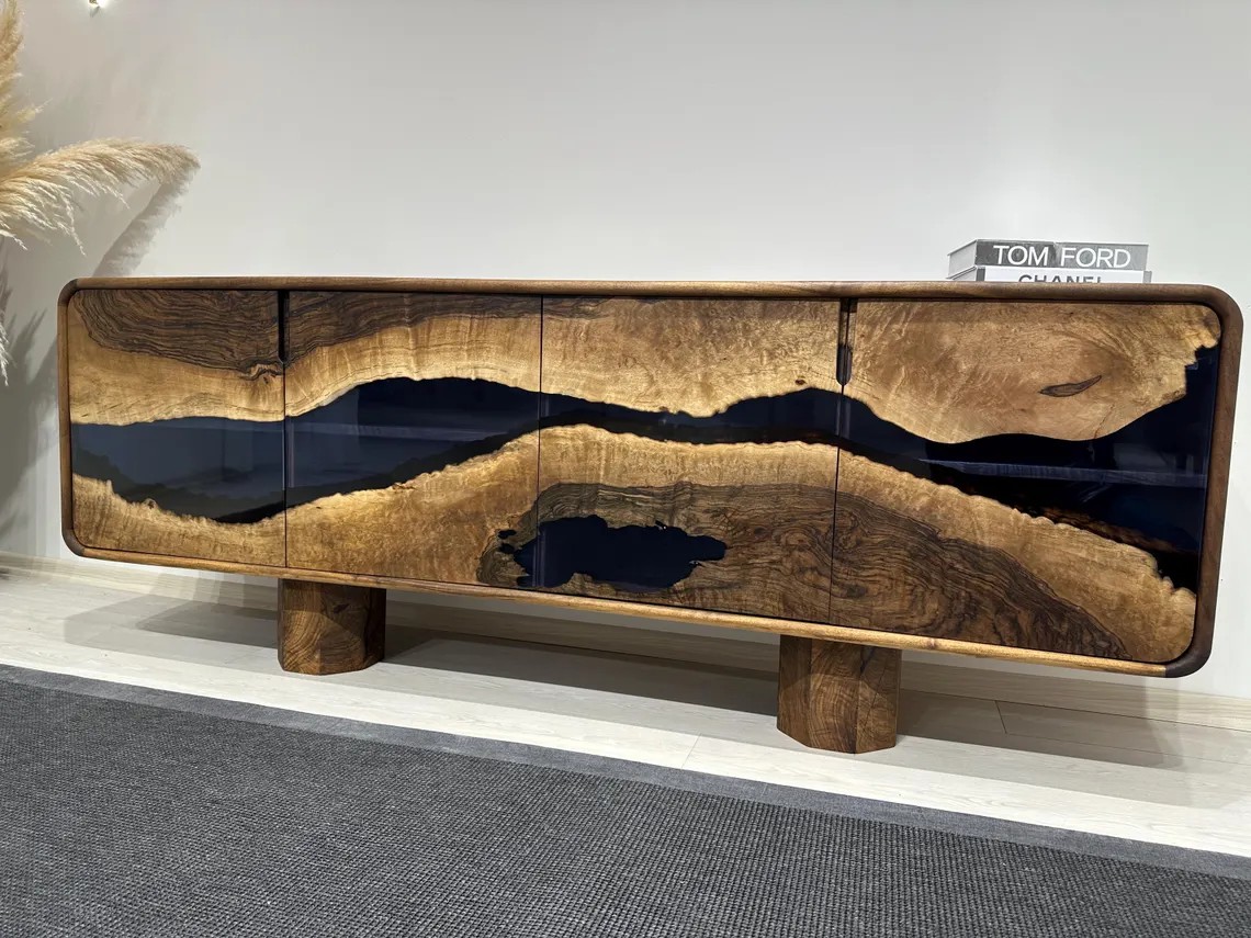 Blue Epoxy Walnut Console – Handmade Rustic TV Unit & Sideboard | Custom Solid Wood Buffet Cabinet | INNATURE
