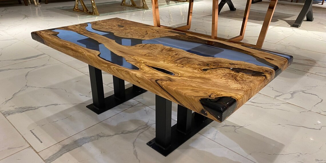 Handcrafted Olive Wood Blue Epoxy Coffee Table | Natural Design | Free Shipping | INNATURE