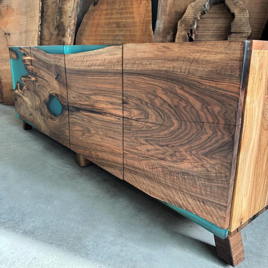 Walnut Epoxy Console | Ocean Epoxy Walnut Sideboard  Artisan Buffet Cabinet | Handcrafted Wood Design | InNature Home