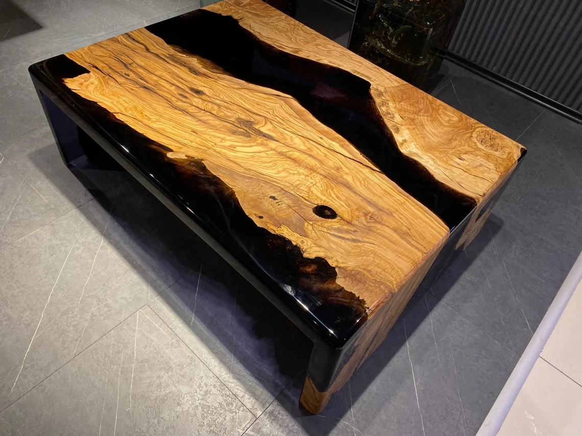 Custom Olive Wood Resin Coffee Table – Live Edge Waterfall Design | INNATURE Home