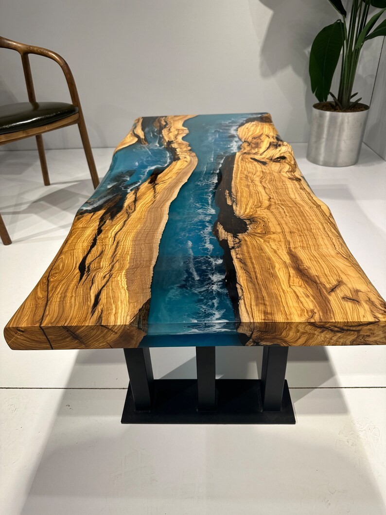 Handcrafted Olive Wood Blue Epoxy Coffee Table | Natural Design | Free Shipping | INNATURE - Ocean Epoxy