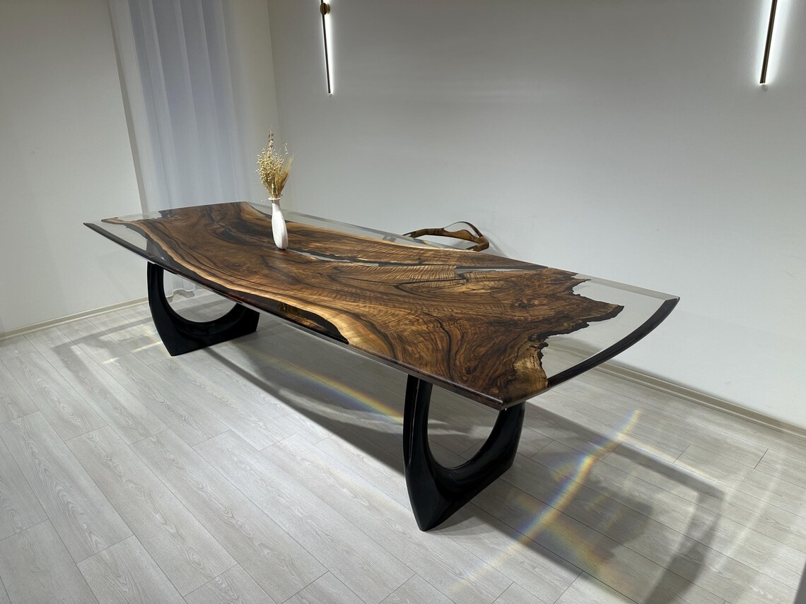 Walnut Wood Resin Conference Room Table, Clear Epoxy Dining Table, Natural Edge Table,Epoxy Resin Table, Epoxy Resin Desk Live Edge Table - InNature Home