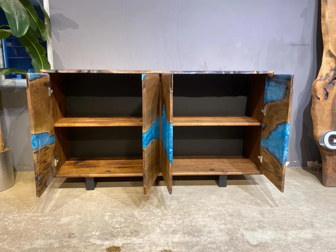 Walnut Epoxy TV Console | Handmade Rustic Sideboard Cabinet | Blue Epoxy Resin TV Unit | Custom Walnut Buffet & Media Stand | INNATURE