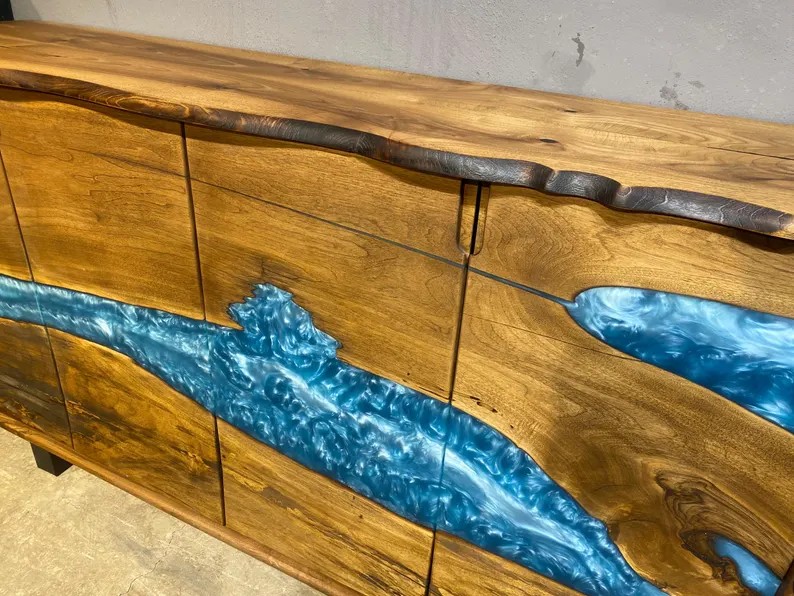 Walnut Epoxy TV Console | Handmade Rustic Sideboard Cabinet | Blue Epoxy Resin TV Unit | Custom Walnut Buffet & Media Stand | INNATURE