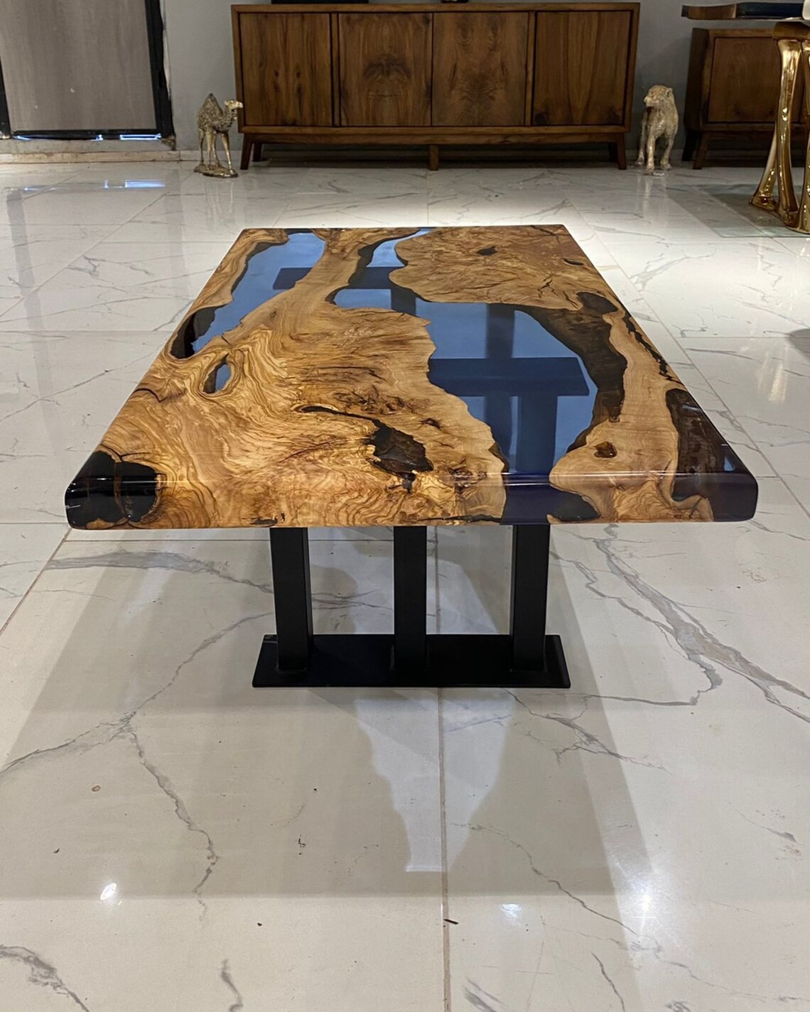 Handcrafted Olive Wood Blue Epoxy Coffee Table | Natural Design | Free Shipping | INNATURE - Clear Blue Epoxy