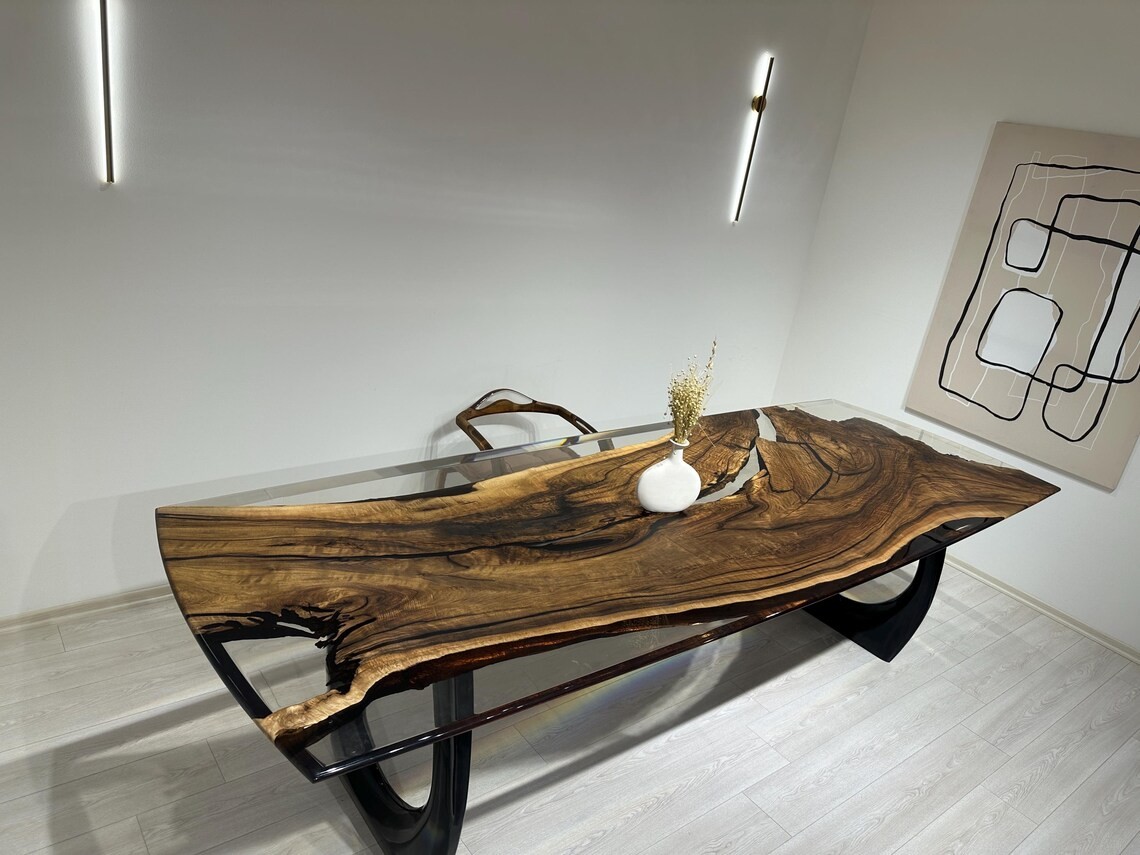 Walnut Wood Resin Conference Room Table, Clear Epoxy Dining Table, Natural Edge Table,Epoxy Resin Table, Epoxy Resin Desk Live Edge Table - InNature Home