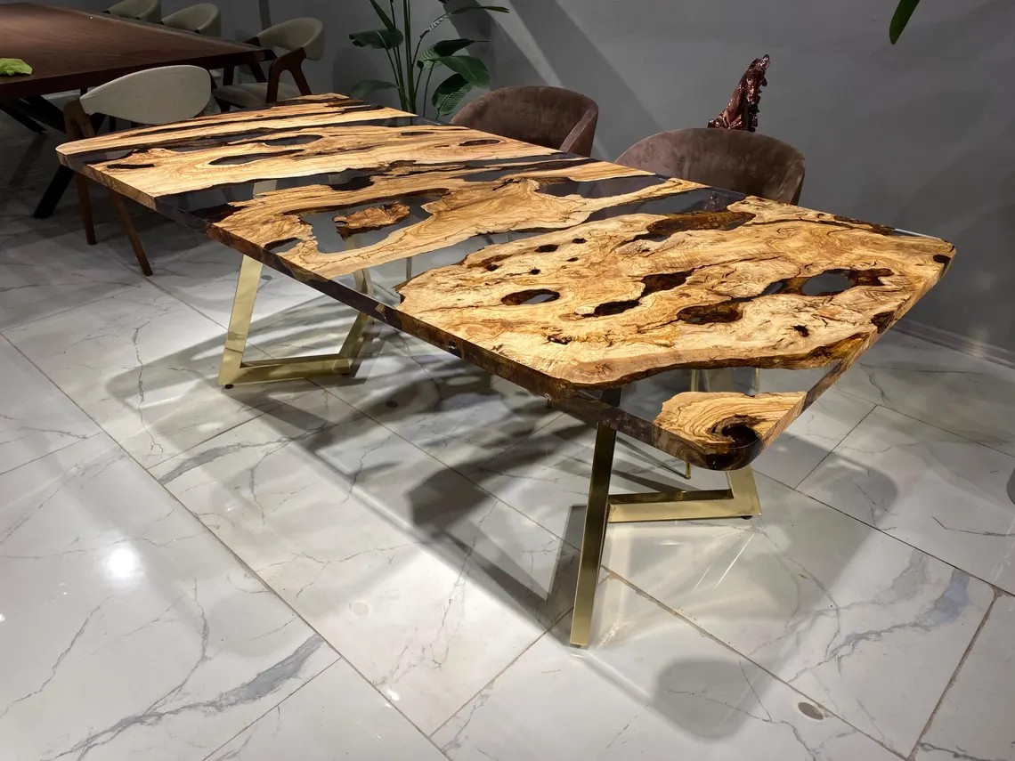 Clear Epoxy Olive Wood River Table – Custom Live Edge Dining or Office Desk | Handcrafted Natural Wood Furniture | INNATURE