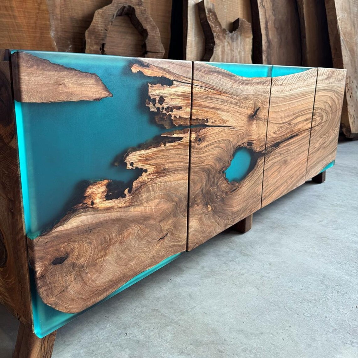 Walnut Epoxy Console | Ocean Epoxy Walnut Sideboard  Artisan Buffet Cabinet | Handcrafted Wood Design | InNature Home