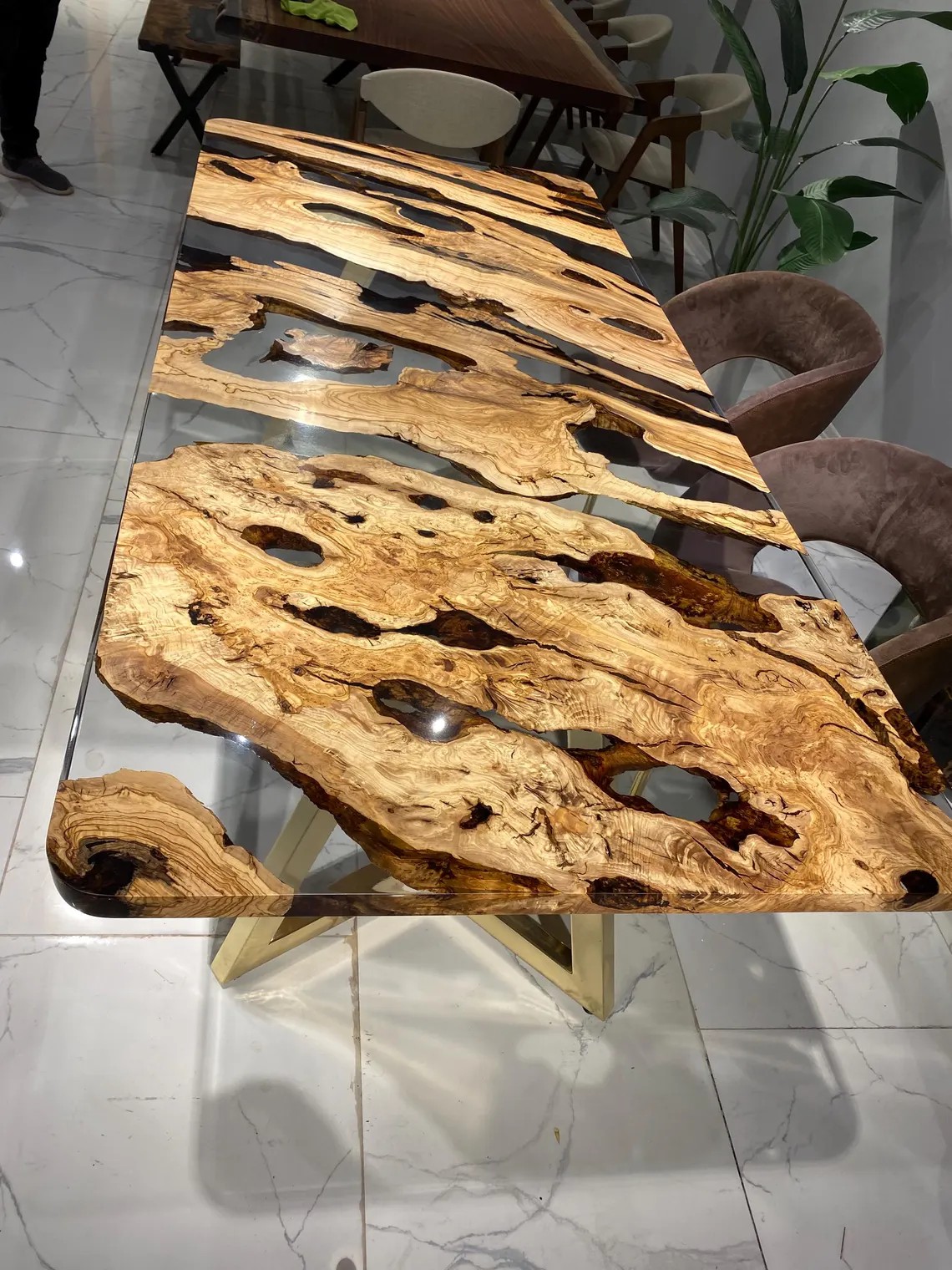 Clear Epoxy Olive Wood River Table – Custom Live Edge Dining or Office Desk | Handcrafted Natural Wood Furniture | INNATURE