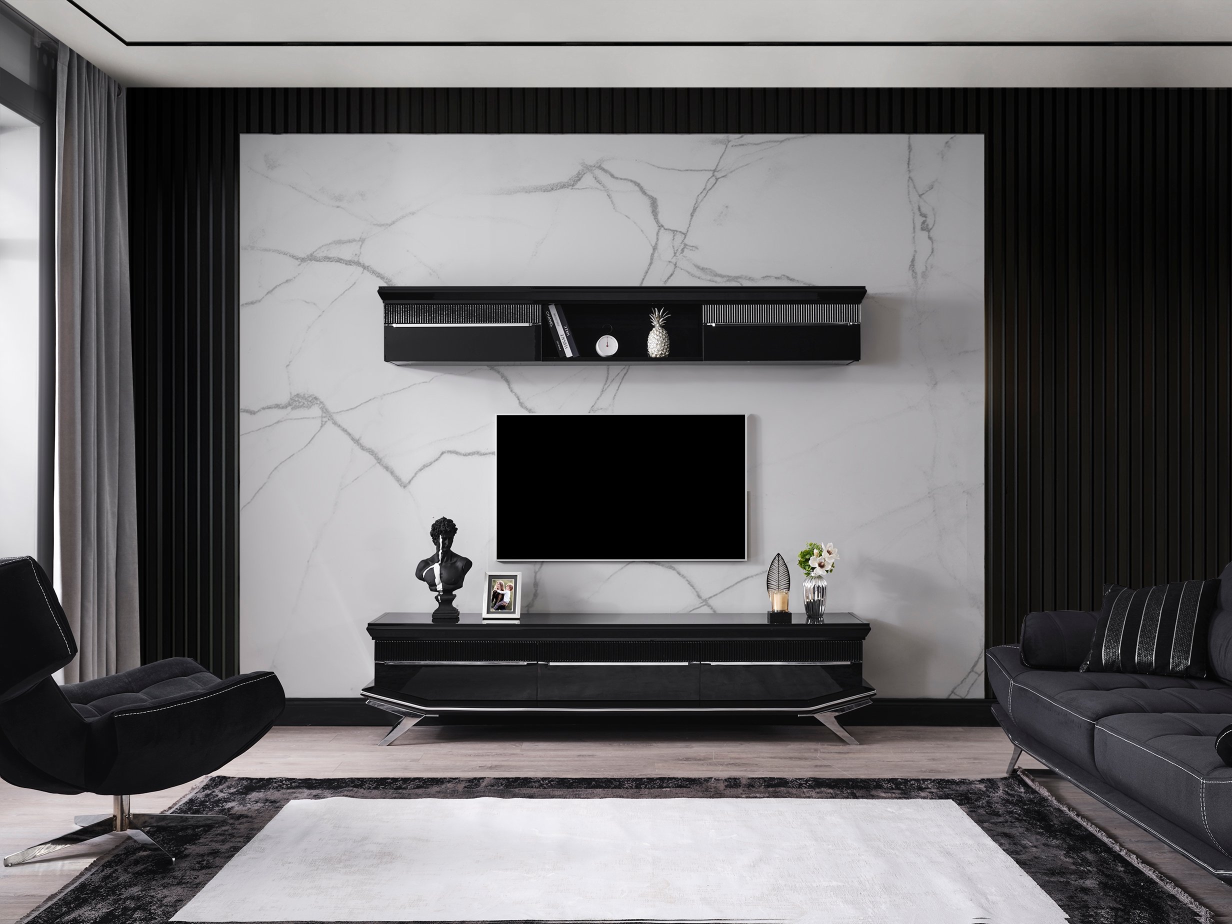 Maserati Tv Ünitesi - InNature Home - Maserati Siyah, Gümüş Ayaklı Tv Ünitesi
