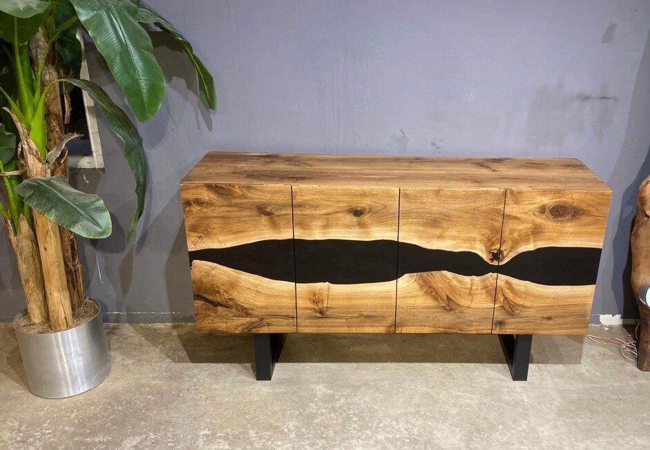 Black Epoxy Walnut Console – Handmade Rustic TV Unit & Buffet Cabinet | Custom Solid Wood Sideboard | INNATURE 