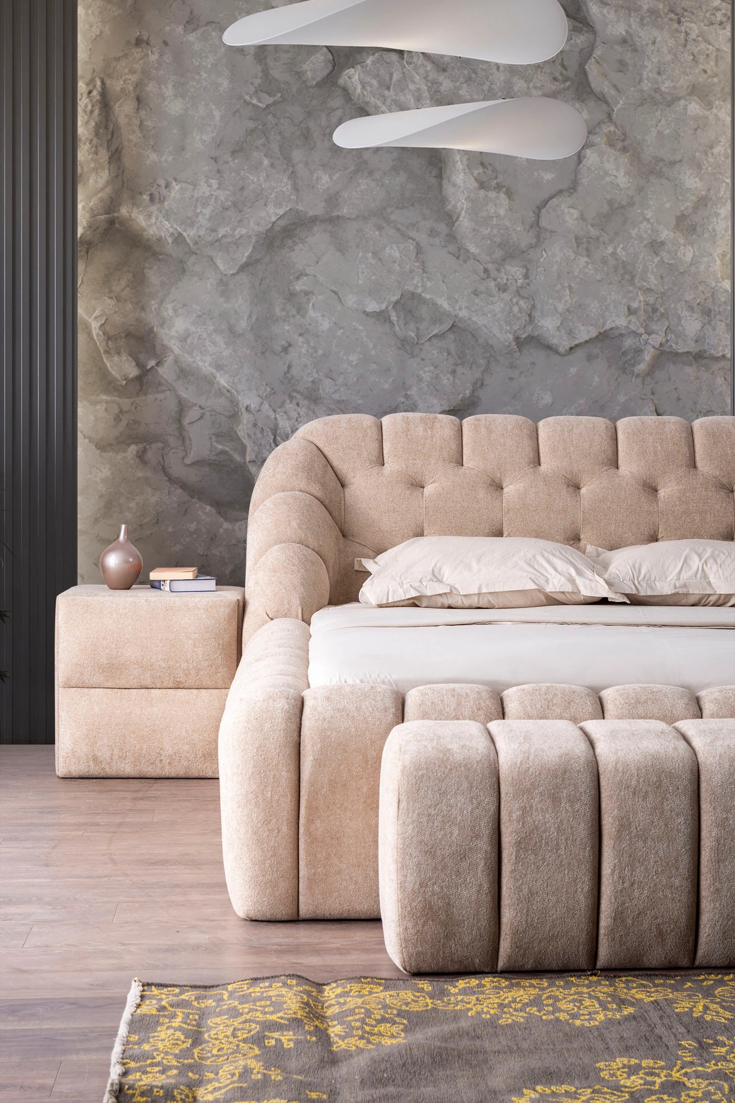 Tayla Upholstered Bed in Teddy Bouclé Fabric | INNATURE