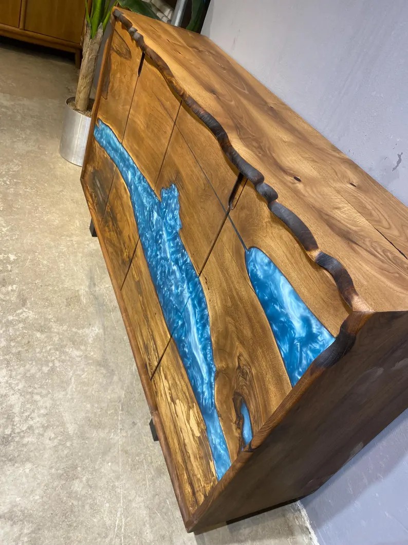 Walnut Epoxy TV Console | Handmade Rustic Sideboard Cabinet | Blue Epoxy Resin TV Unit | Custom Walnut Buffet & Media Stand | INNATURE