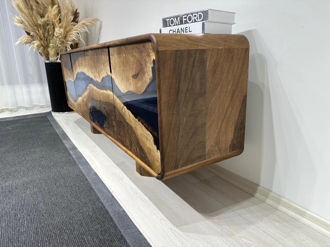 Blue Epoxy Walnut Console – Handmade Rustic TV Unit & Sideboard | Custom Solid Wood Buffet Cabinet | INNATURE